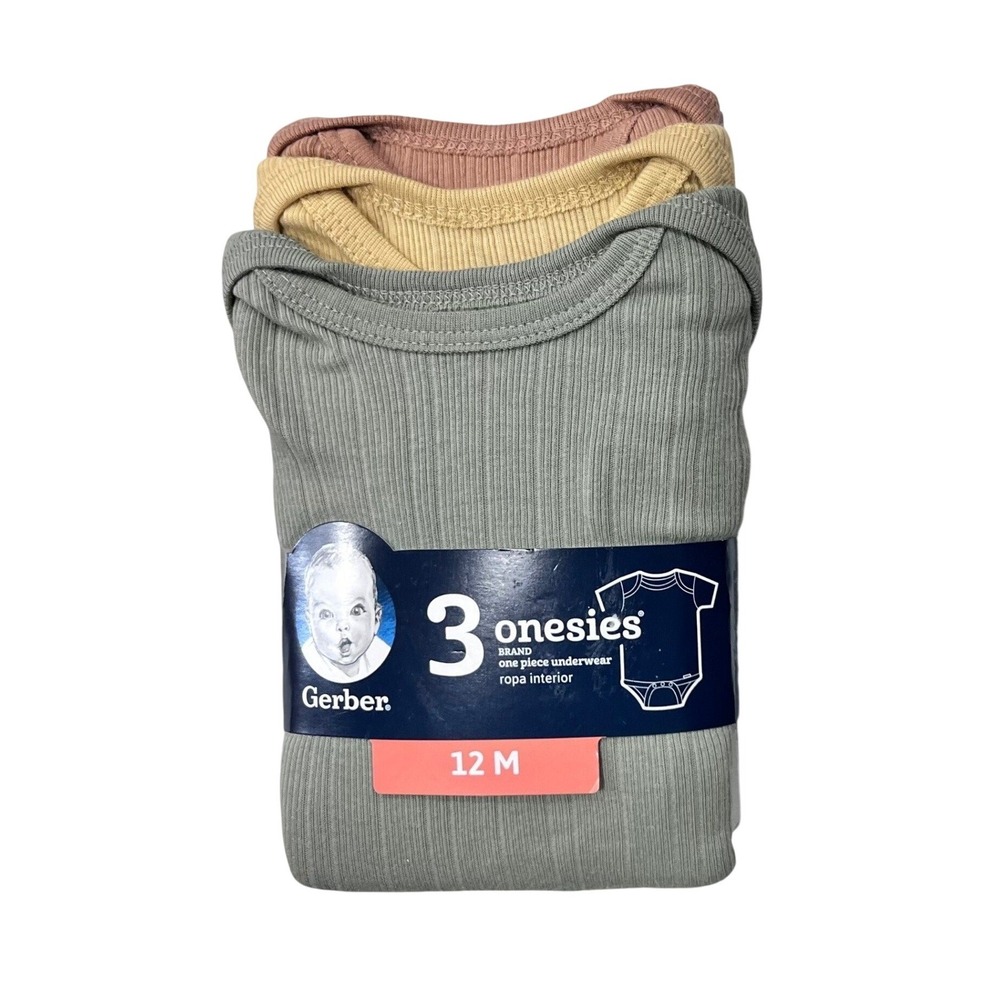 Gerber Onesies Bodysuits Unisex 12M Multi Color Sage Yellow Cotton 3 Pack NEW